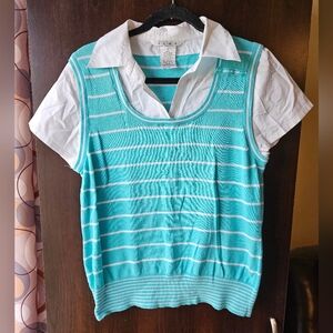 Vintage Como 100% Cotton Layered Knit Sweater Vest in Aqua Size Large